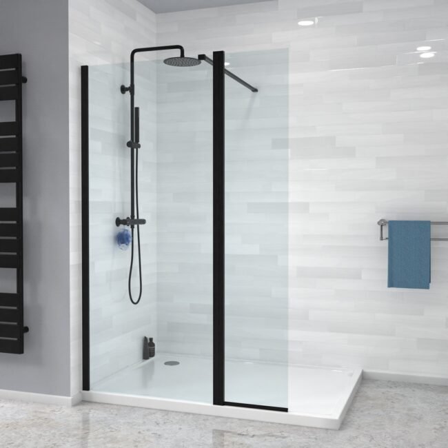 Magna Black Wet Room 1200 Shower 8mm Tempered Glass Screen with 300mm Flipper Panel - Image 2