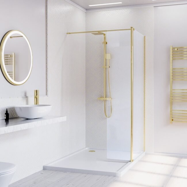 Brushed Brass 800mm Screen 8mm Tempered Glass With 300mm Flipper Panel