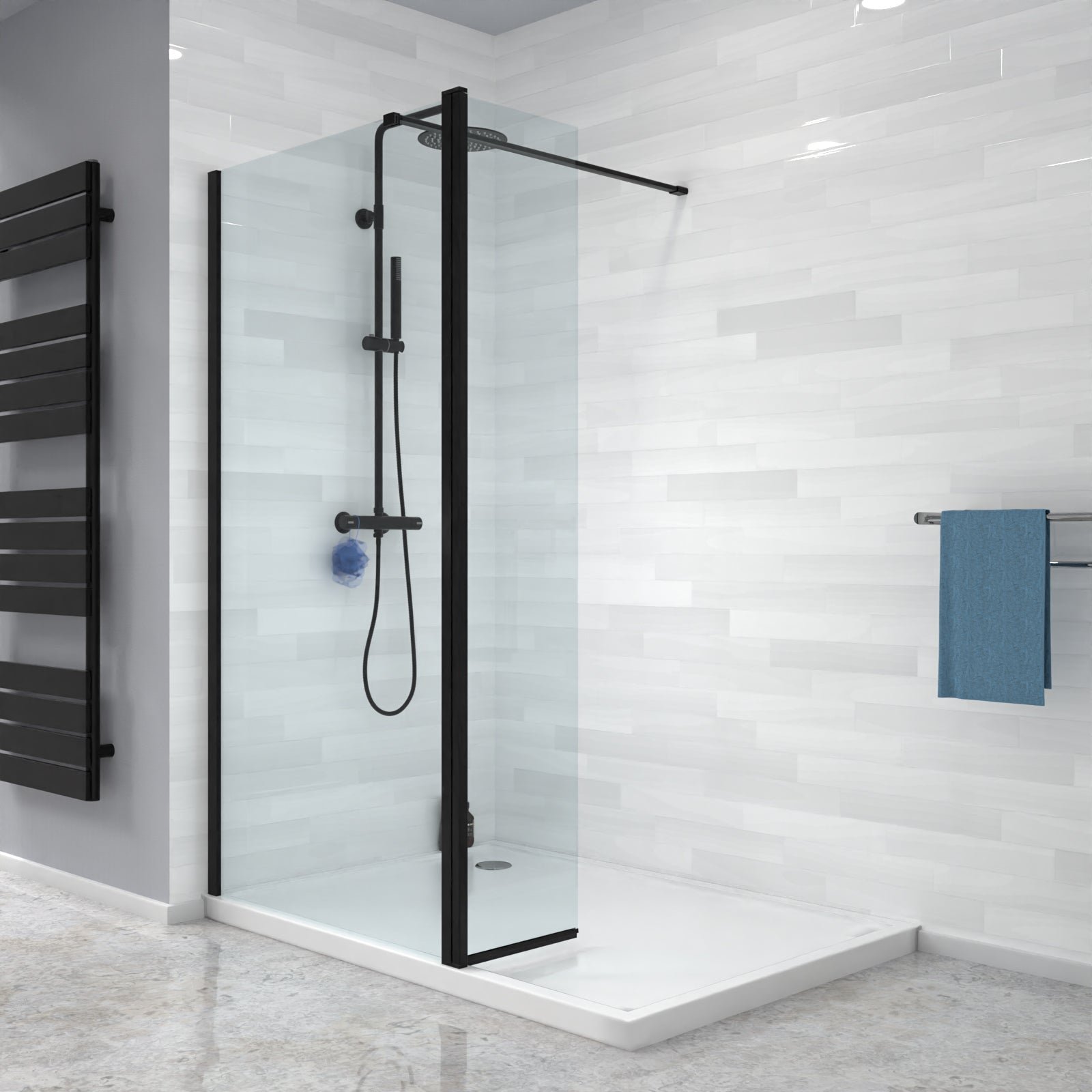 Magna Black 900mm Shower 8mm Tempered Glass Screen With 30omm Flipper Panel