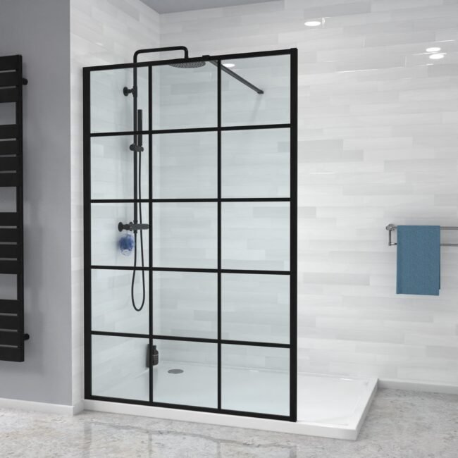 Stanley Black Grid 8mm Framed Walk-In Shower Enclosure with Support Bar - Image 2