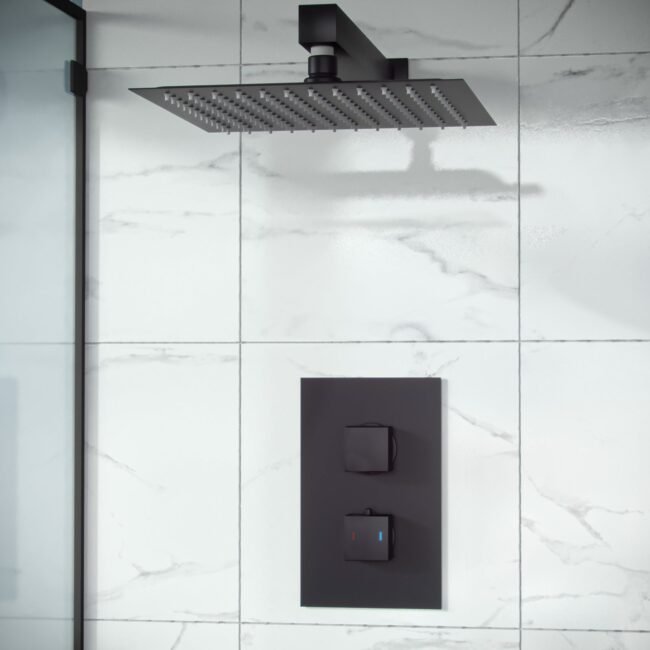 Rennes Concealed Thermostatic Overhead 250mm Square Rainfall Shower Mixer Set Matte Black - Image 3