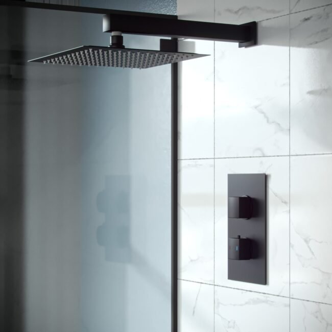 Rennes Concealed Thermostatic Overhead 250mm Square Rainfall Shower Mixer Set Matte Black - Image 4
