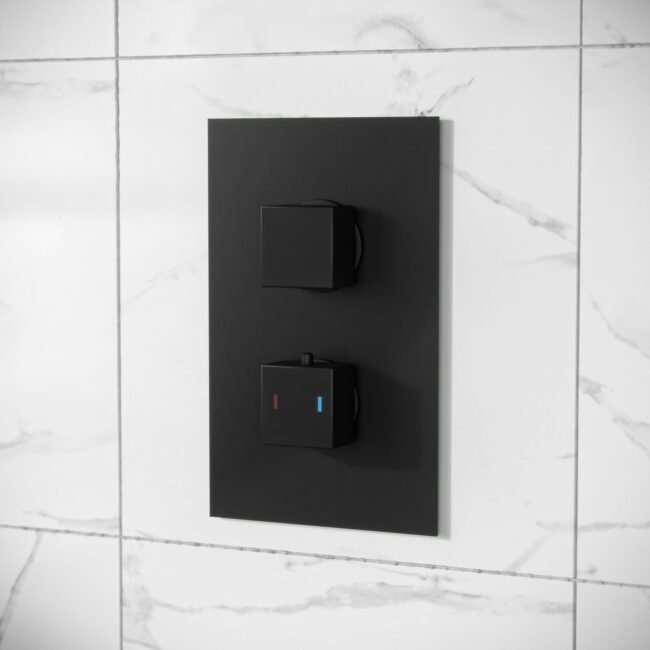 Rennes Concealed Thermostatic Overhead 250mm Square Rainfall Shower Mixer Set Matte Black - Image 5
