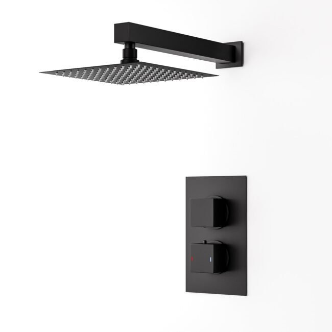 Rennes Concealed Thermostatic Overhead 250mm Square Rainfall Shower Mixer Set Matte Black - Image 6