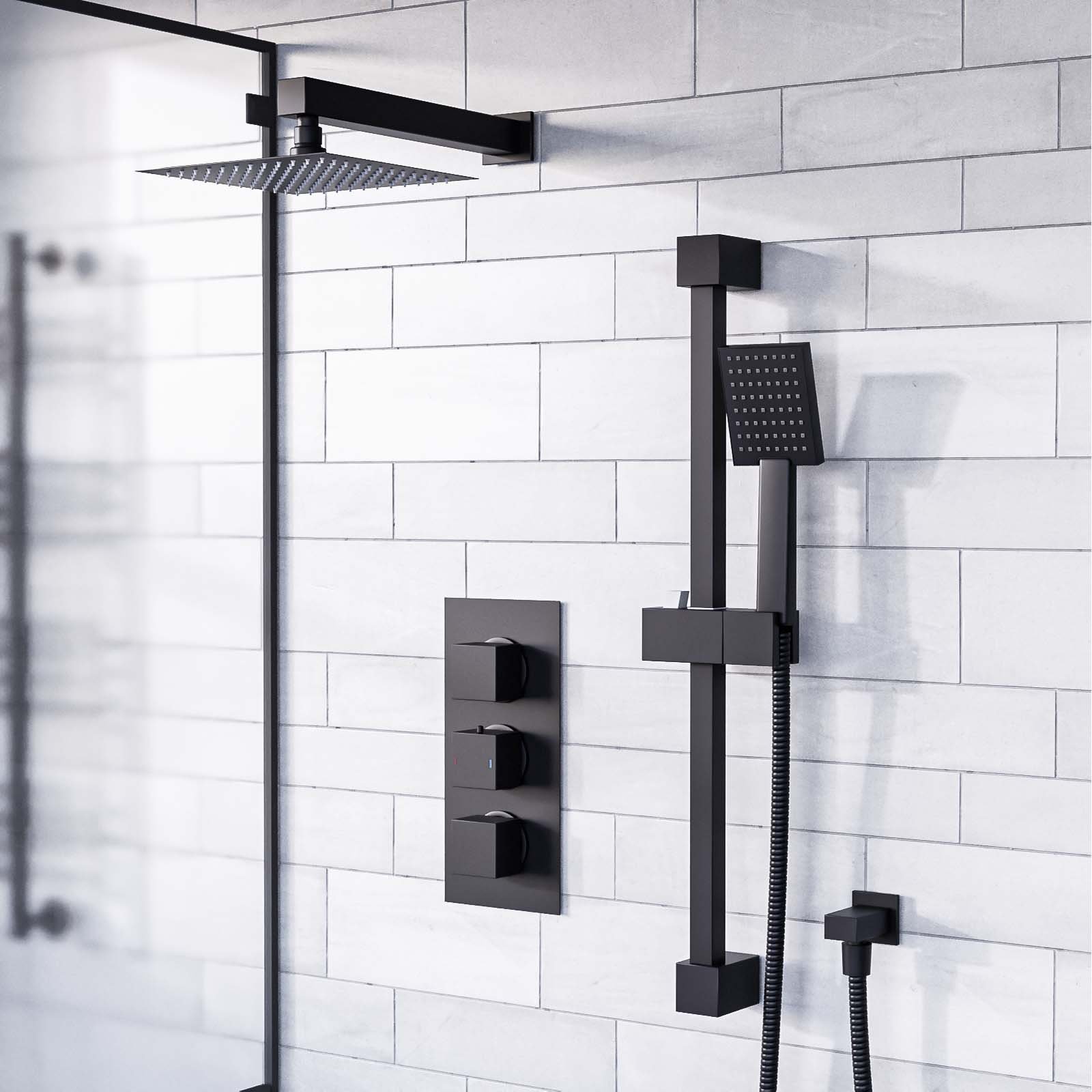 Temel Concealed Thermostatic Mixer Valve. Handset. Shower Head Set Black Matte