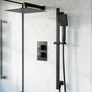 Temel 2 Dial 2 Way Thermostatic Mixer Valve. 300mm Shower Head. Handset Slider Rail Set Matte Black