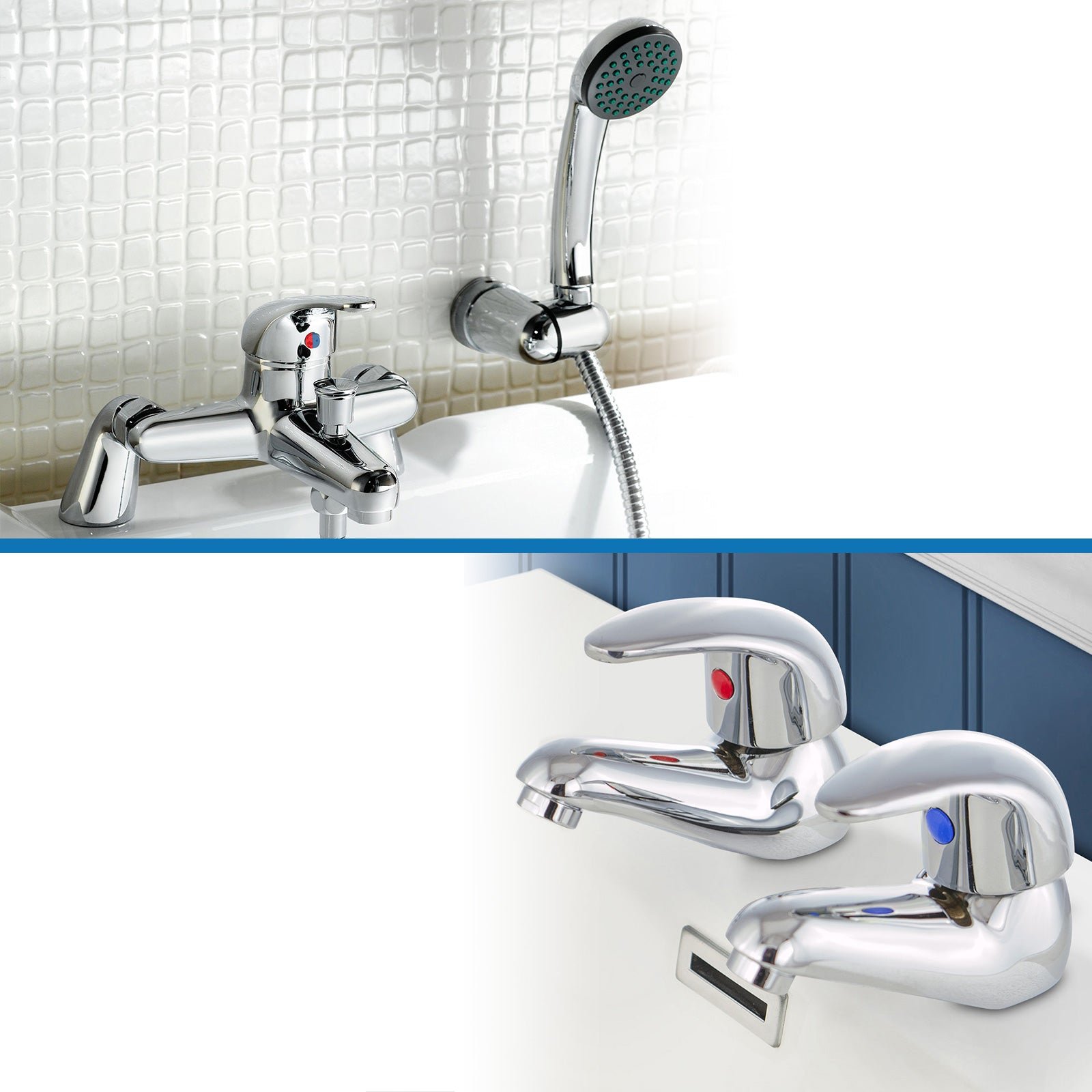 Studio Contemporary Set Of Twin Basin Taps & Bath Shower Mixer Tap With Handheld Kit