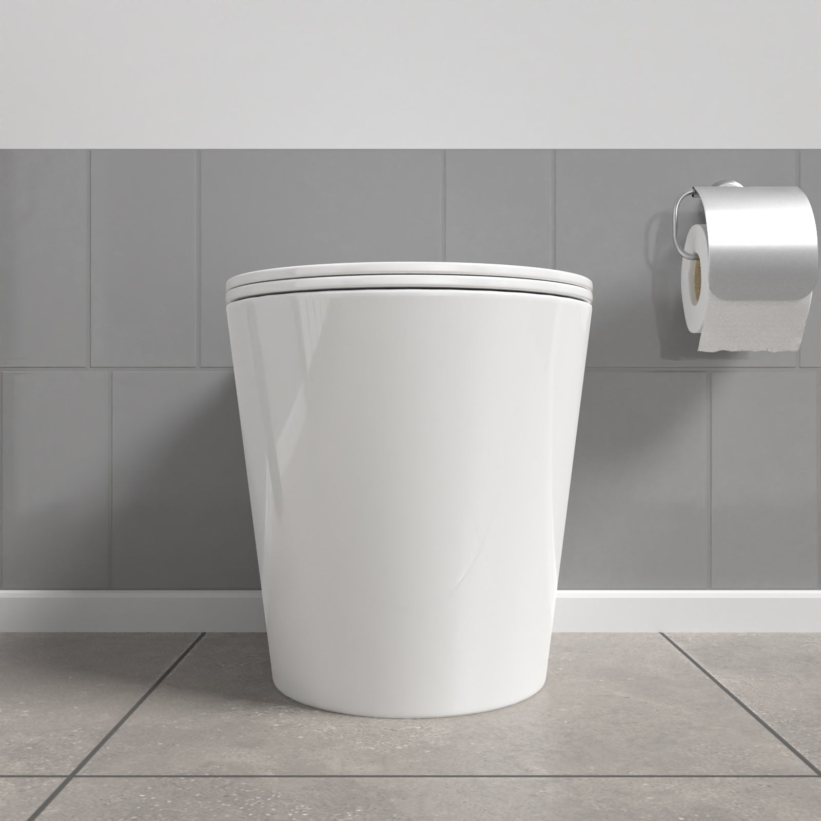 White Modern Rimless Round Back to Wall Toilet with Soft Close Seat - Image 2