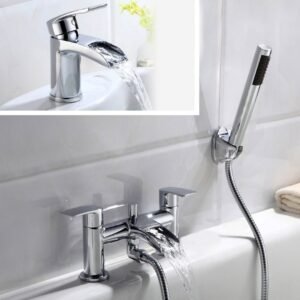 Vago Modern Set Of Waterfall Basin Mono Mixer Tap & Bath Shower Mixer Tap With Handset Kit