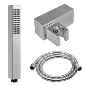Modern Chrome Rectangular Handheld Shower Head. Shower Hose and Wall Mount Holder