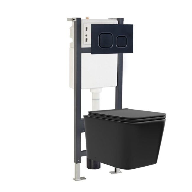 Matte Black Square Toilet. Cistern Frame & Square Button Flush Plate