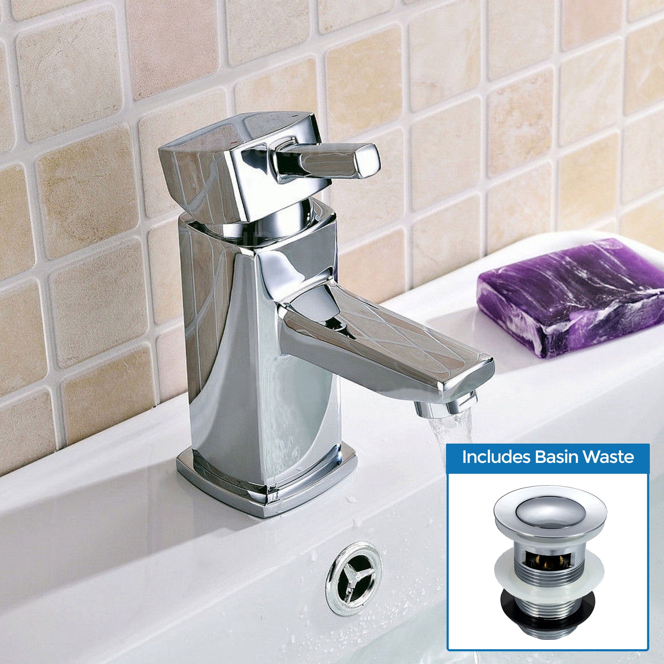 Boston Cloakroom Basin Mono Mixer Tap Chrome Square Single Lever Solid Brass - Image 4
