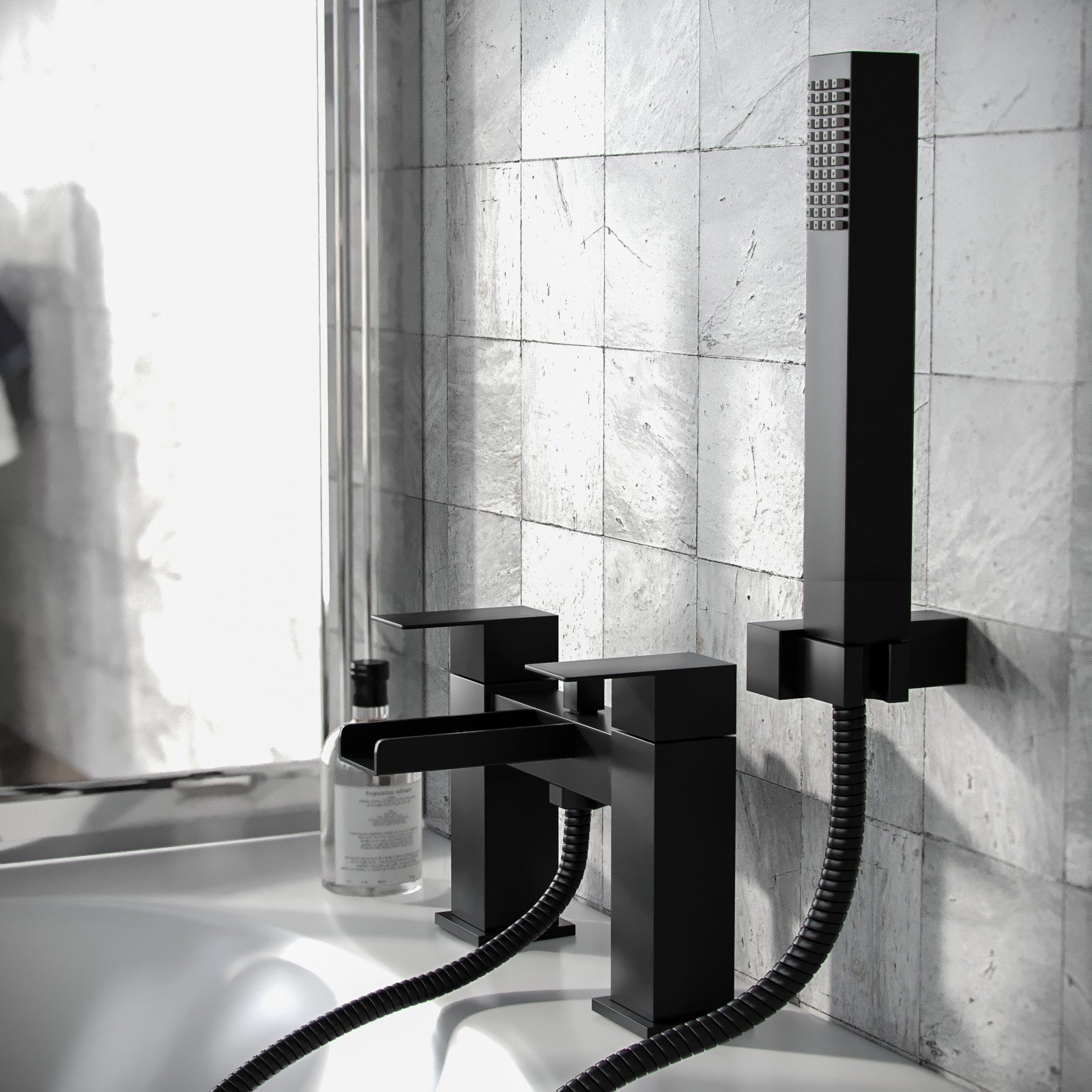 Ozone Contemporary Matte Black Waterfall Bath Shower Mixer Tap With Handset Kit - Image 2