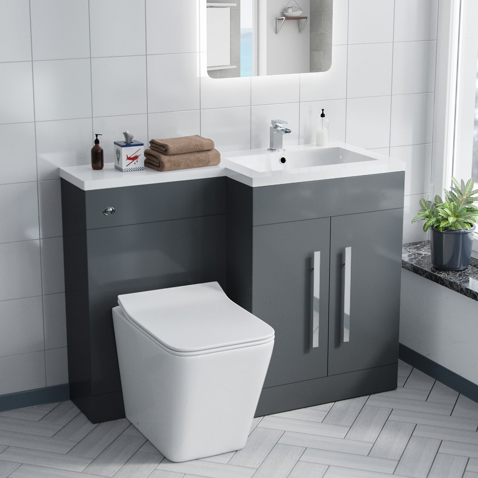 Aric RH 1100mm Vanity Basin Unit. WC Unit & Elora Back To Wall Toilet Grey