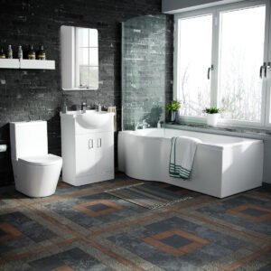 Ellen White Vanity Unit Left Handed P-Shaped Bath & Close Coupled Toilet Suite