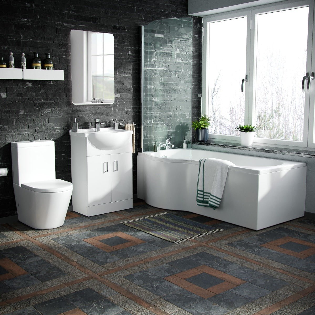 Ellen P-Shaped LH Bath White 550mm Vanity Basin Unit WC Unit & Toilet Suite