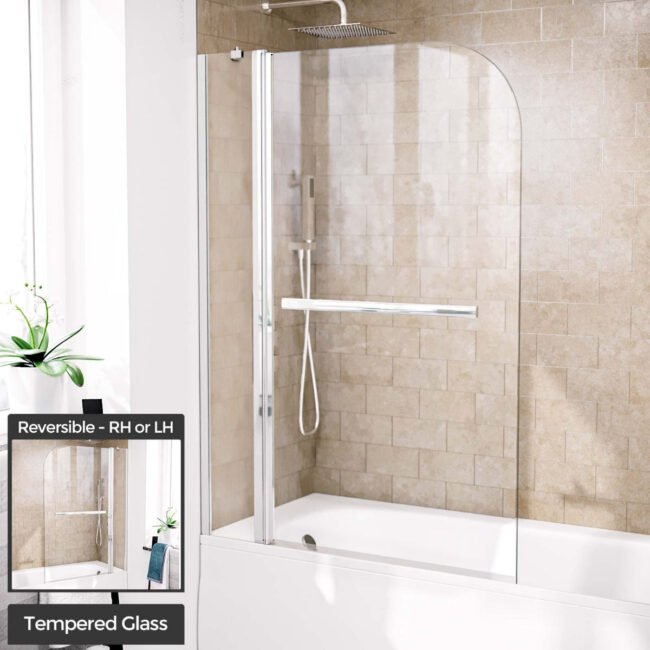 1000mm Curved Glass Bath Screen Swing Door & Towel Bar Chrome - Image 2