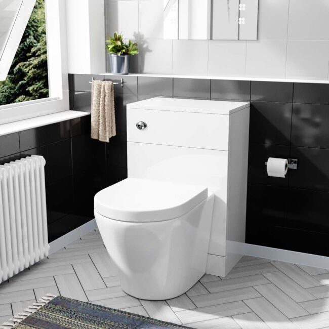Modern Cloakroom BTW WC Unit. Curved Rimless Toilet and Soft Close Seat