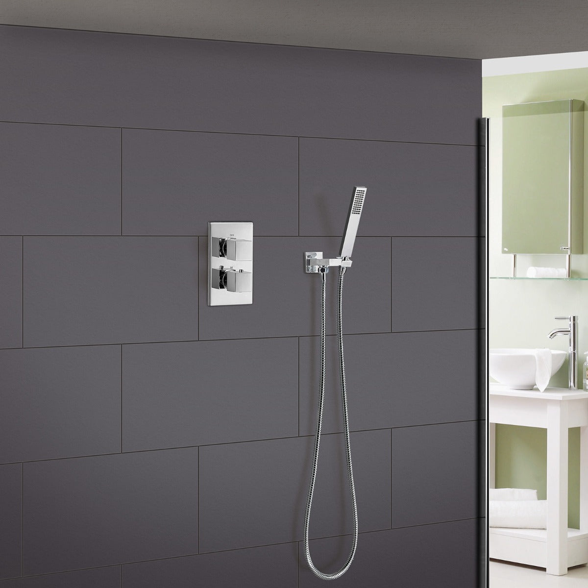 Lily 2 Dial 1 Way Square Concealed Thermostatic Mixer Valve & Square Handset Chrome - Image 2