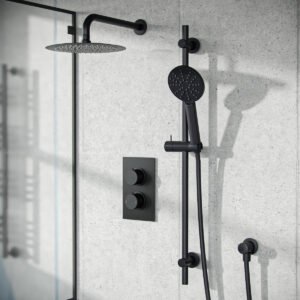 Temel 2 Dial 2 Way Round Concealed Thermostatic Mixer Valve. Shower Head & Arm Set Matte Black