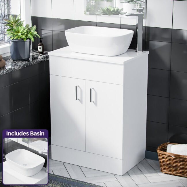 Nanuya 500mm White Vanity Cabinet and Rectangle Curved Edges Counter Top Basin - Image 2