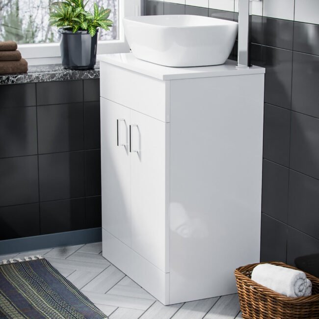 Nanuya 500mm White Vanity Cabinet and Rectangle Curved Edges Counter Top Basin - Image 4