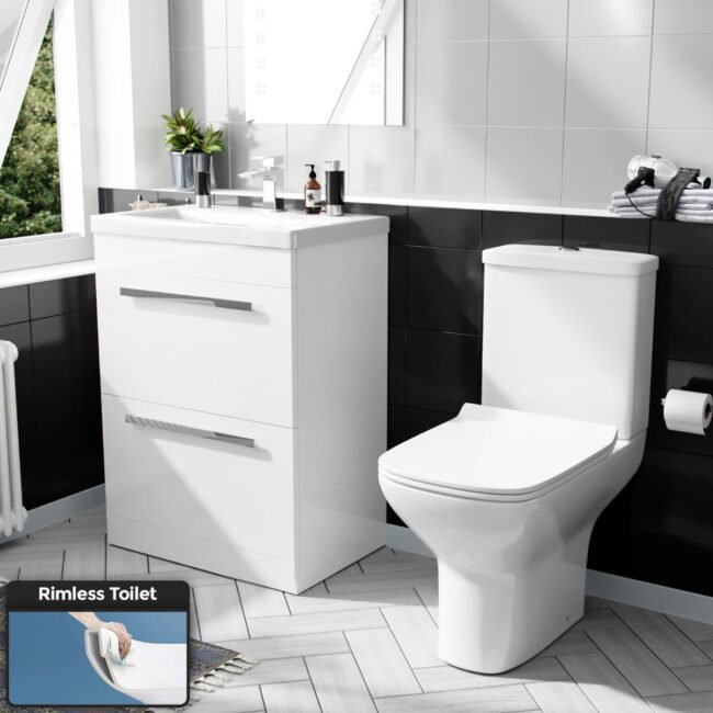 Nanuya 600mm Floorstanding 2 Drawer Vanity Basin Unit & Rimless Close Coupled Toilet White - Image 2