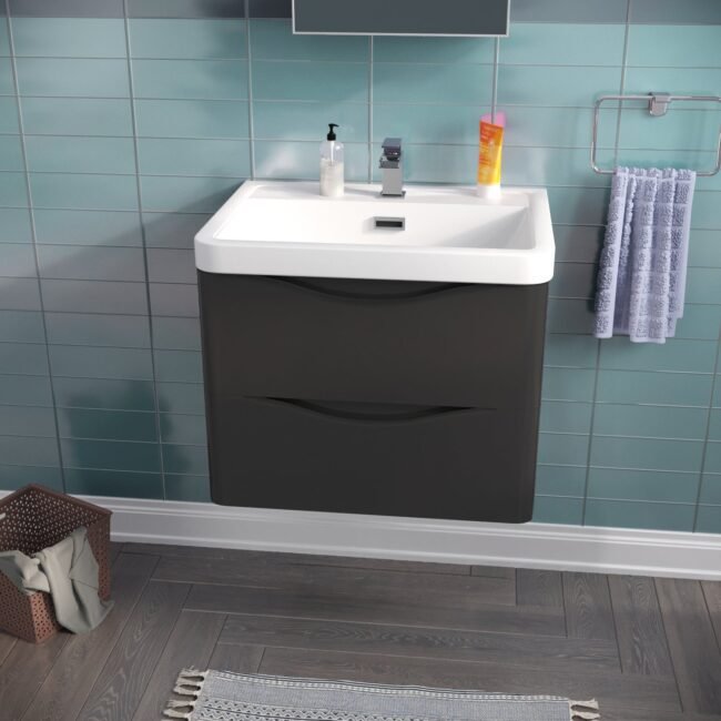 Merton 600mm Bathroom Wall Hung Basin Vanity Unit Dark Grey 2 Drawers Soft Close - Image 3