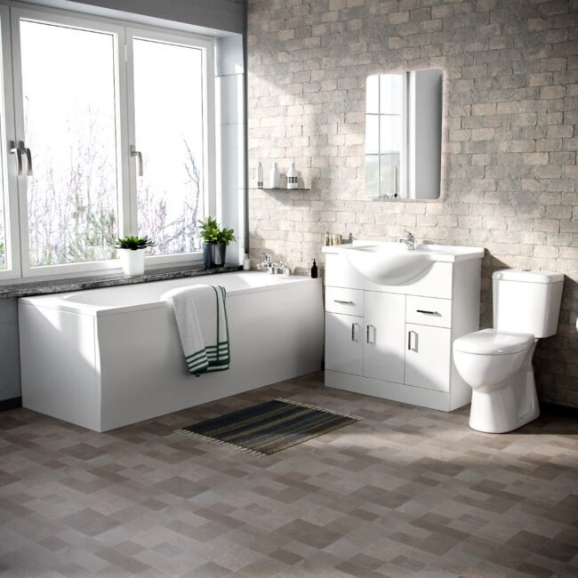 Ellen White 850mm Basin Vanity Unit Toilet & Bath Tub 3-Piece Bathroom Suite