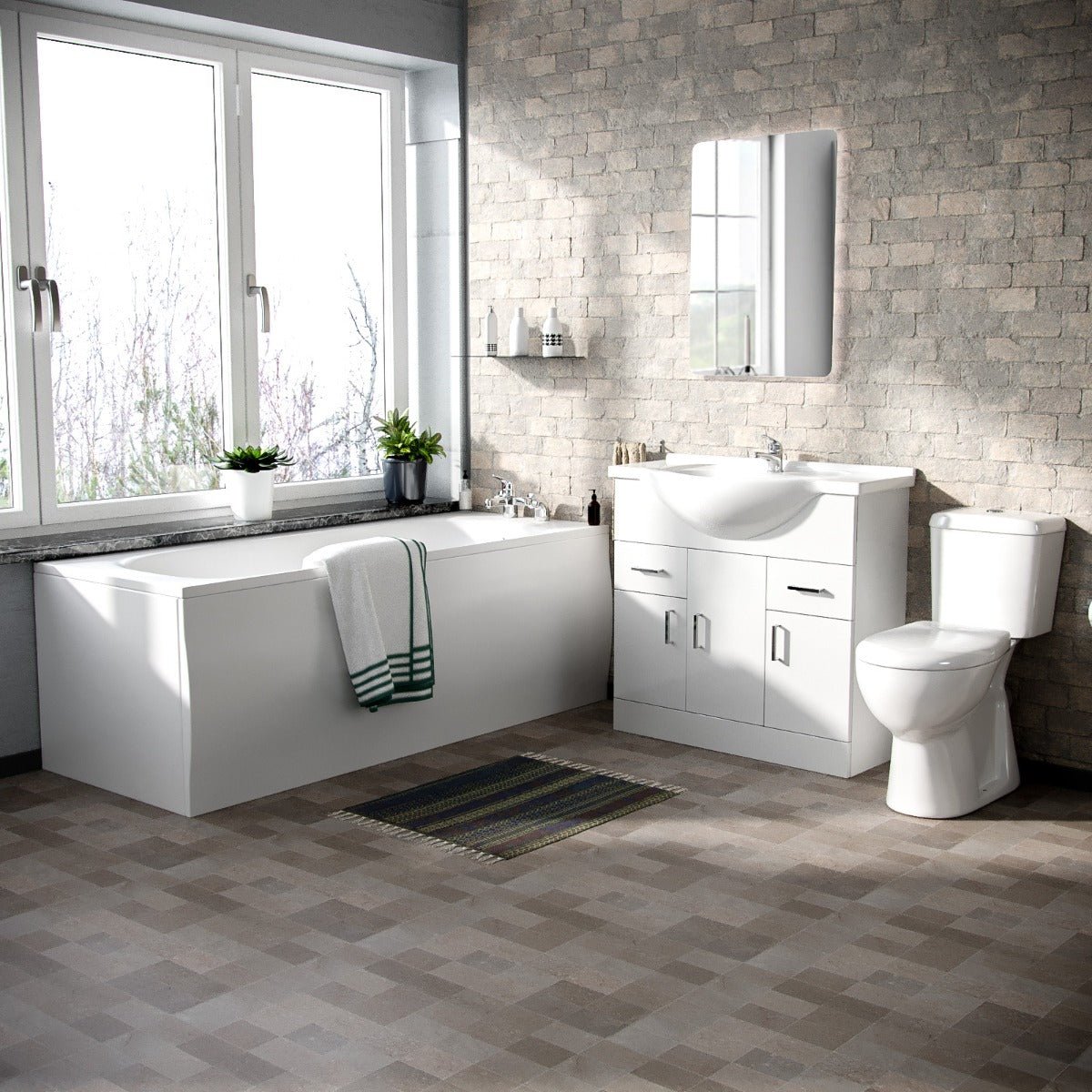Ellen White 850mm Basin Vanity Unit Toilet & Bath Tub 3-Piece Bathroom Suite