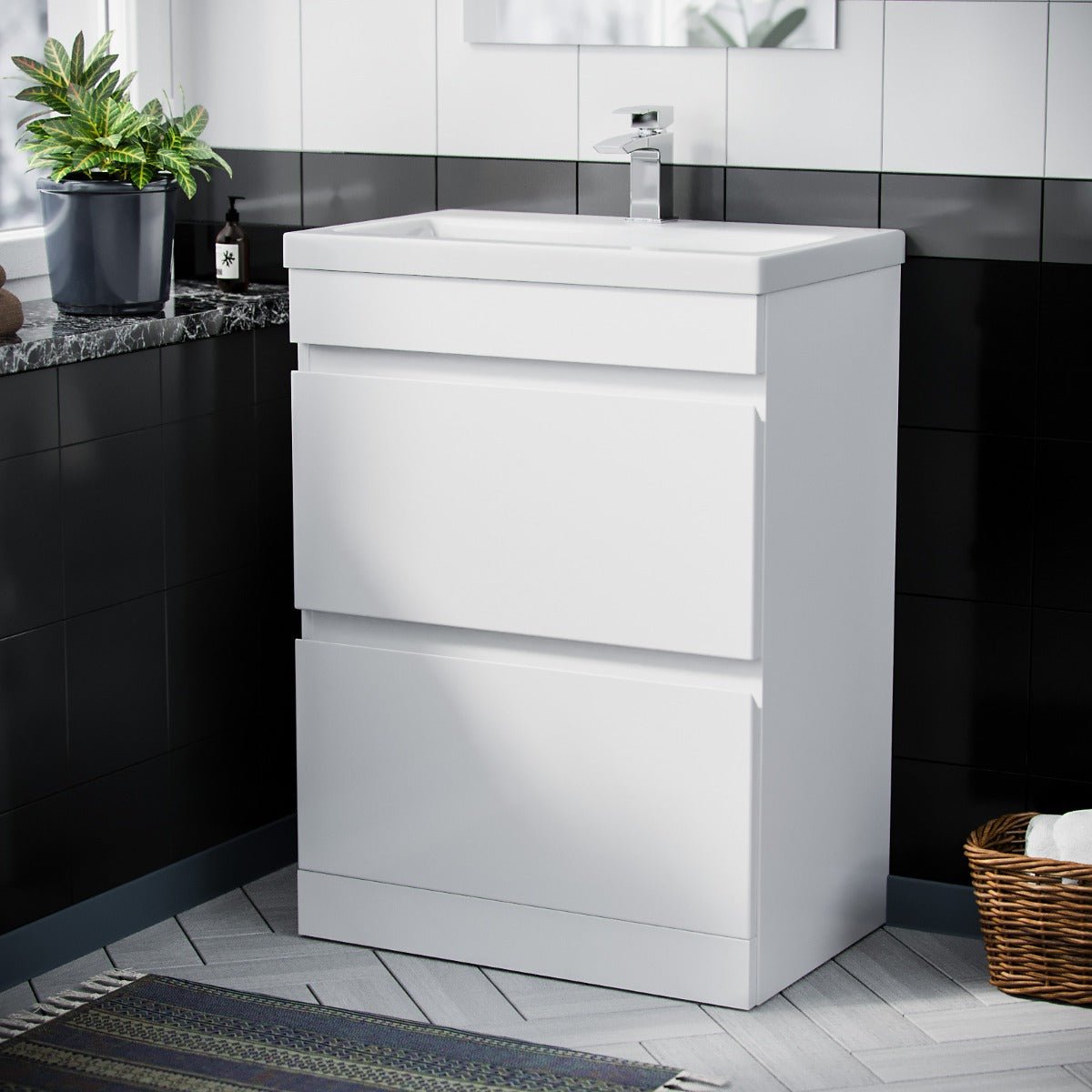 Alaska 600mm 2 Drawer White Floorstanding Vanity Cabinet and Basin Sink Unit
