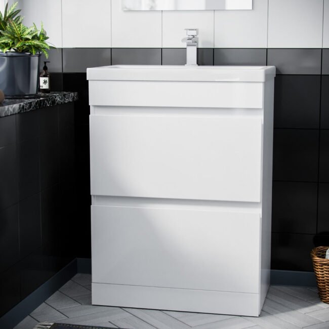 Alaska White 500mm PVC 2 Drawer Vanity Cabinet & Basin Sink Unit Floor Standing - Image 3