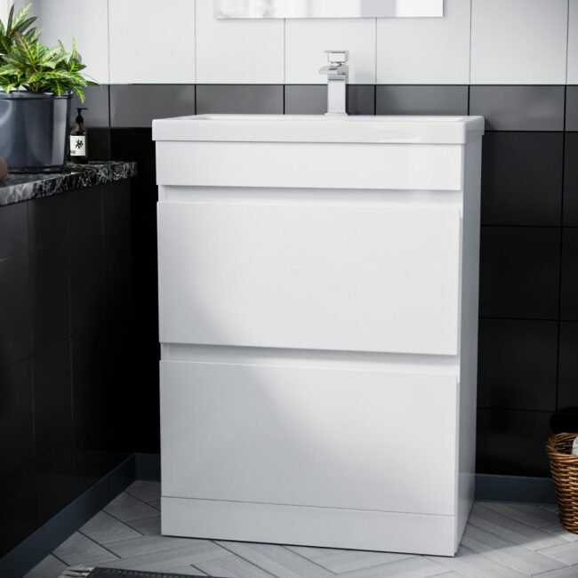 Alaska 600mm 2 Drawer White Floorstanding Vanity Cabinet and Basin Sink Unit - Image 3