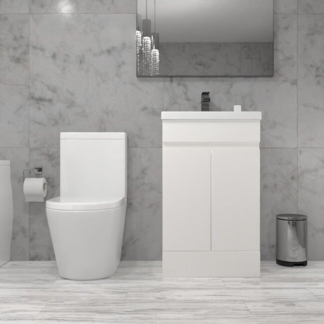 Alaska 500mm Gloss White Freestanding Basin Vanity & Close Coupled Rimless Toilet Set - Image 3