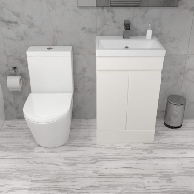 Alaska 500mm Gloss White Freestanding Basin Vanity & Close Coupled Rimless Toilet Set - Image 5