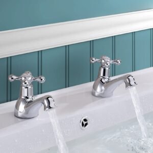 Strafford Victorian Chrome Cross Head Basin Hot & Cold Tap Pair and Waste