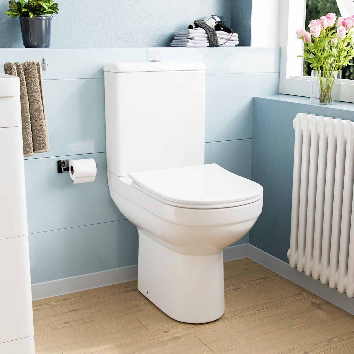Deyed Comfort Height Close Coupled Toilet Pan. Cistern and Soft Close Toilet Seat