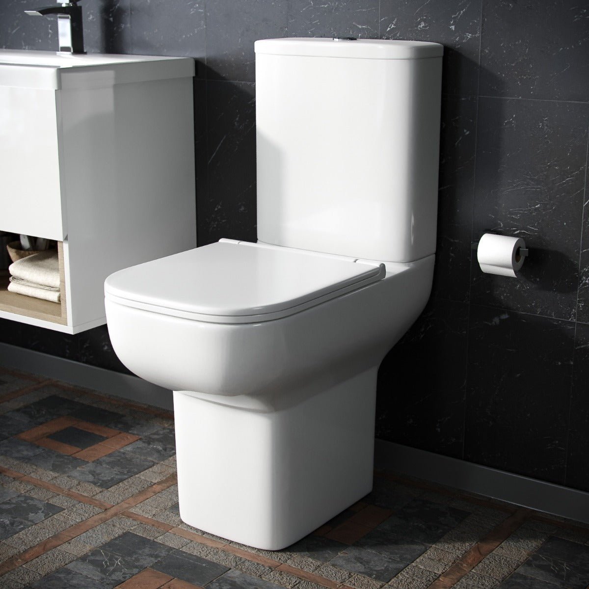 Louie Comfort Height Close Coupled Toilet Pan. Cistern & Soft Close Seat