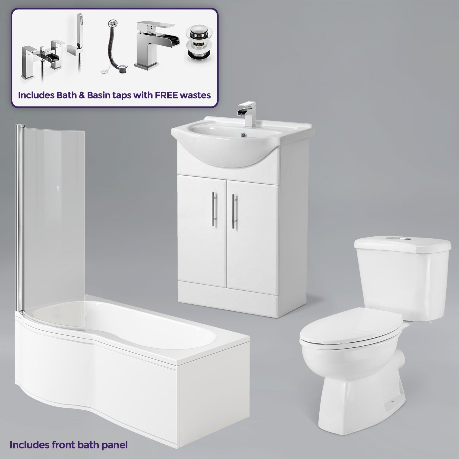 Senore White 1700mm P-Shaped Bath and Screen Basin Flat Pack Vanity Unit Close Coupled Toilet Mono and Shower Mixer Taps & Wastes - Image 2