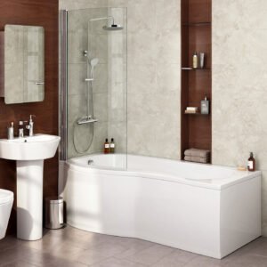 Senore White 1700mm P-Shaped Bath and Screen Basin Flat Pack Vanity Unit Close Coupled Toilet Mono and Shower Mixer Taps & Wastes