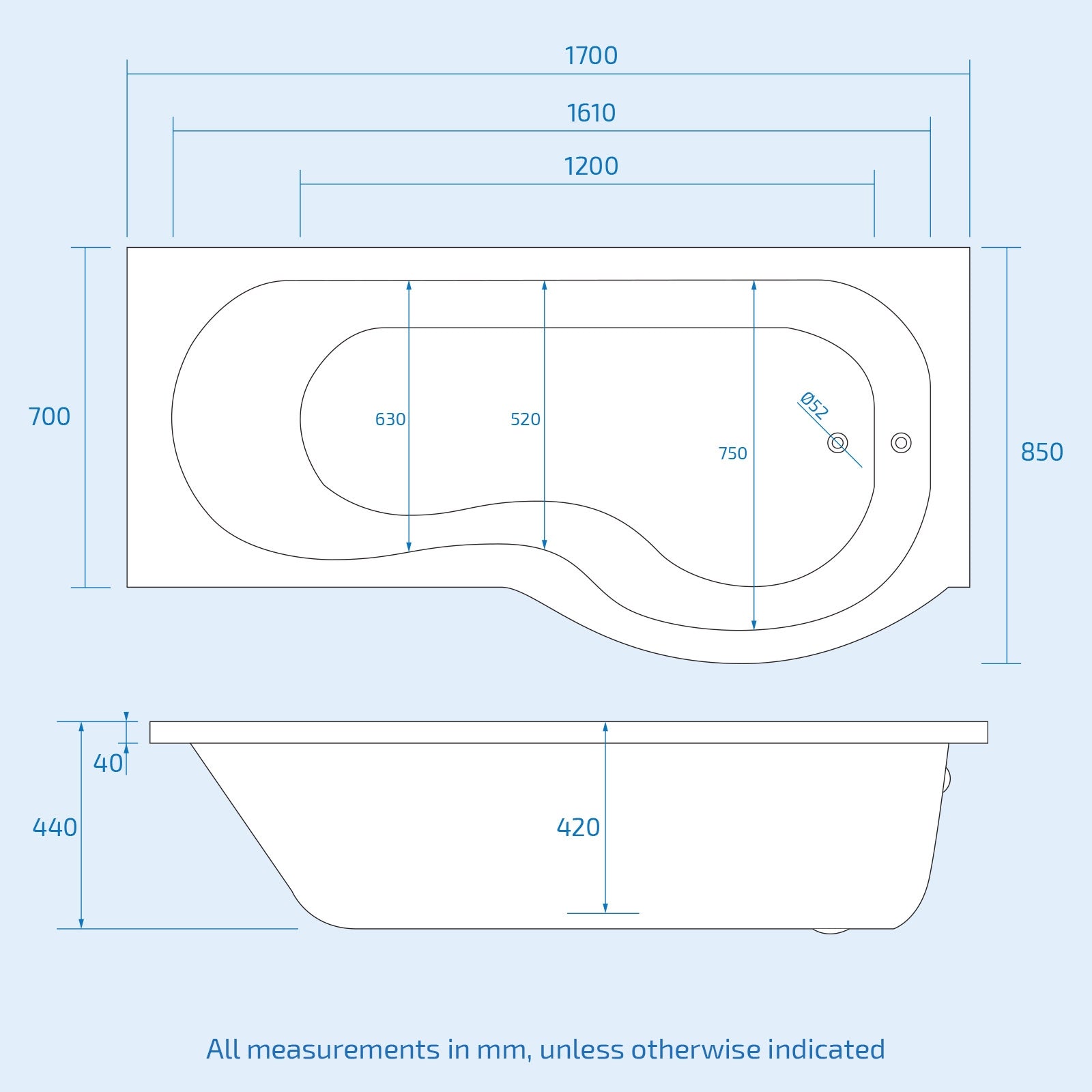 Diamond 1700 x 700mm P-Shaped Modern Shower Bath with Screen & Front Panel Right Hand - Image 7
