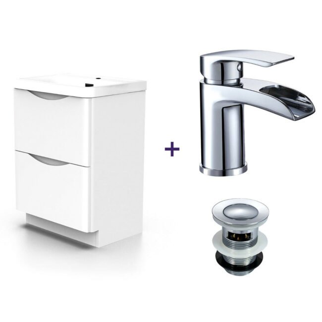 Merton 600mm White Basin Vanity Unit and Tap with Waste Set