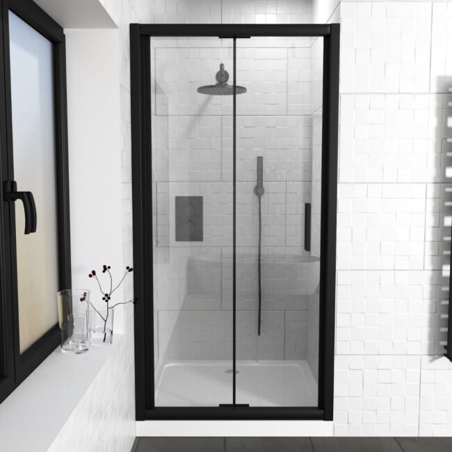 Kim Matte Black Walk In Bi Folding Shower Tempered Glass Door Screen Panel - Image 4