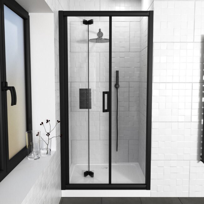 Kim Matte Black Walk In Bi Folding Shower Tempered Glass Door Screen Panel - Image 3